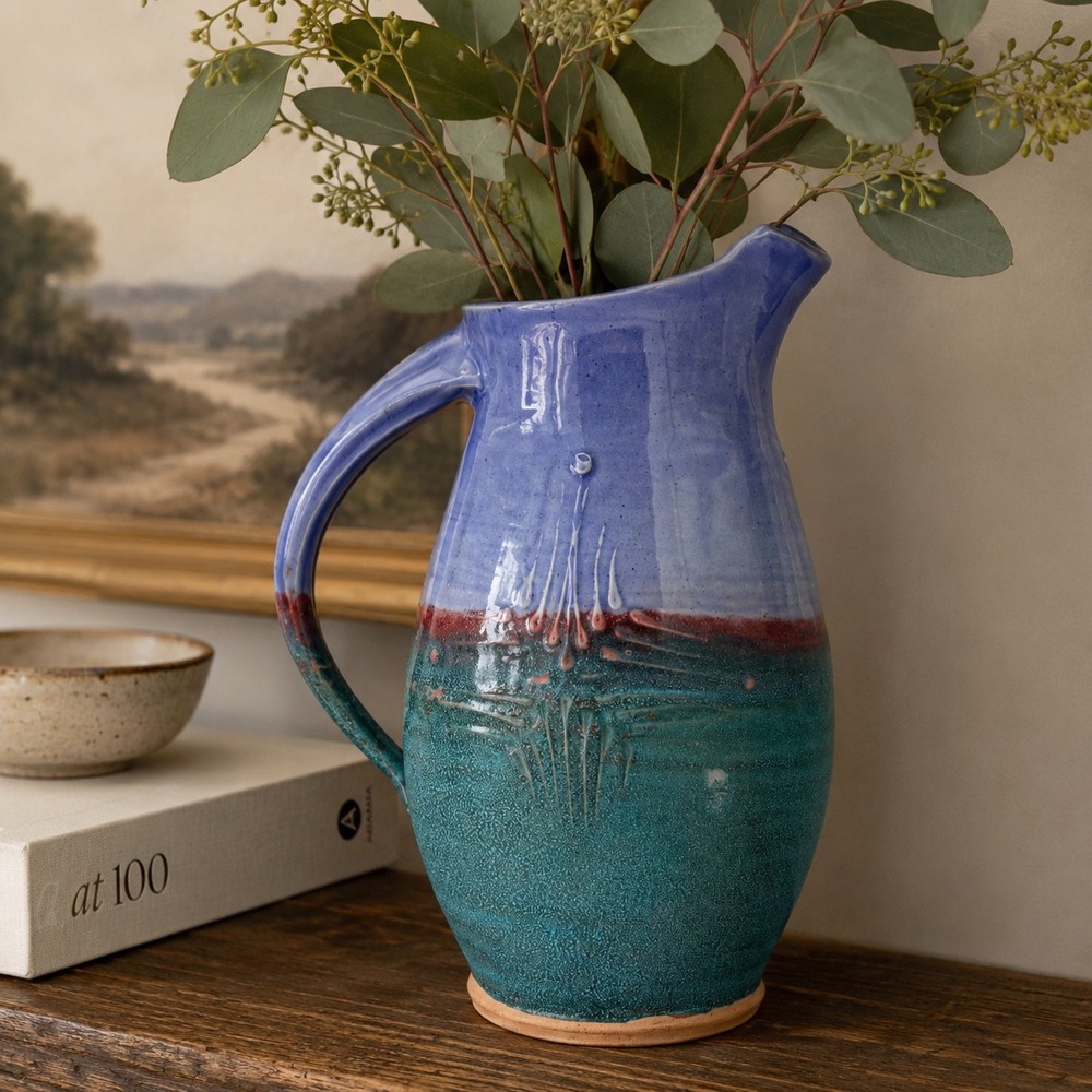 Vintage Studio Pottery Pitcher Turquoise Periwinkle Oxblood Art Pottery Vase - Picture 2 of 8